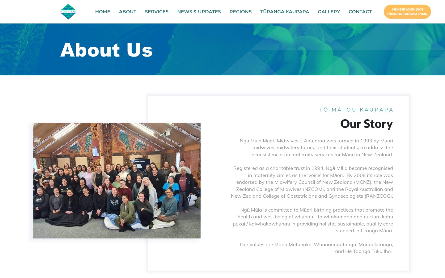 Ngā Māia Trust About Us page, telling the organisation's story beside a group photo in a wharenui.
