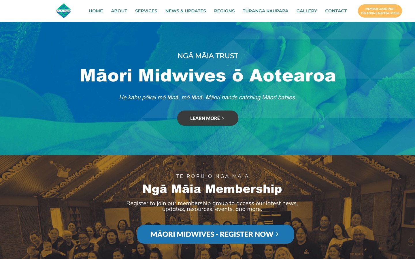 Ngā Māia Trust home page, with the heading Māori Midwives ō Aotearoa and a membership registration banner.