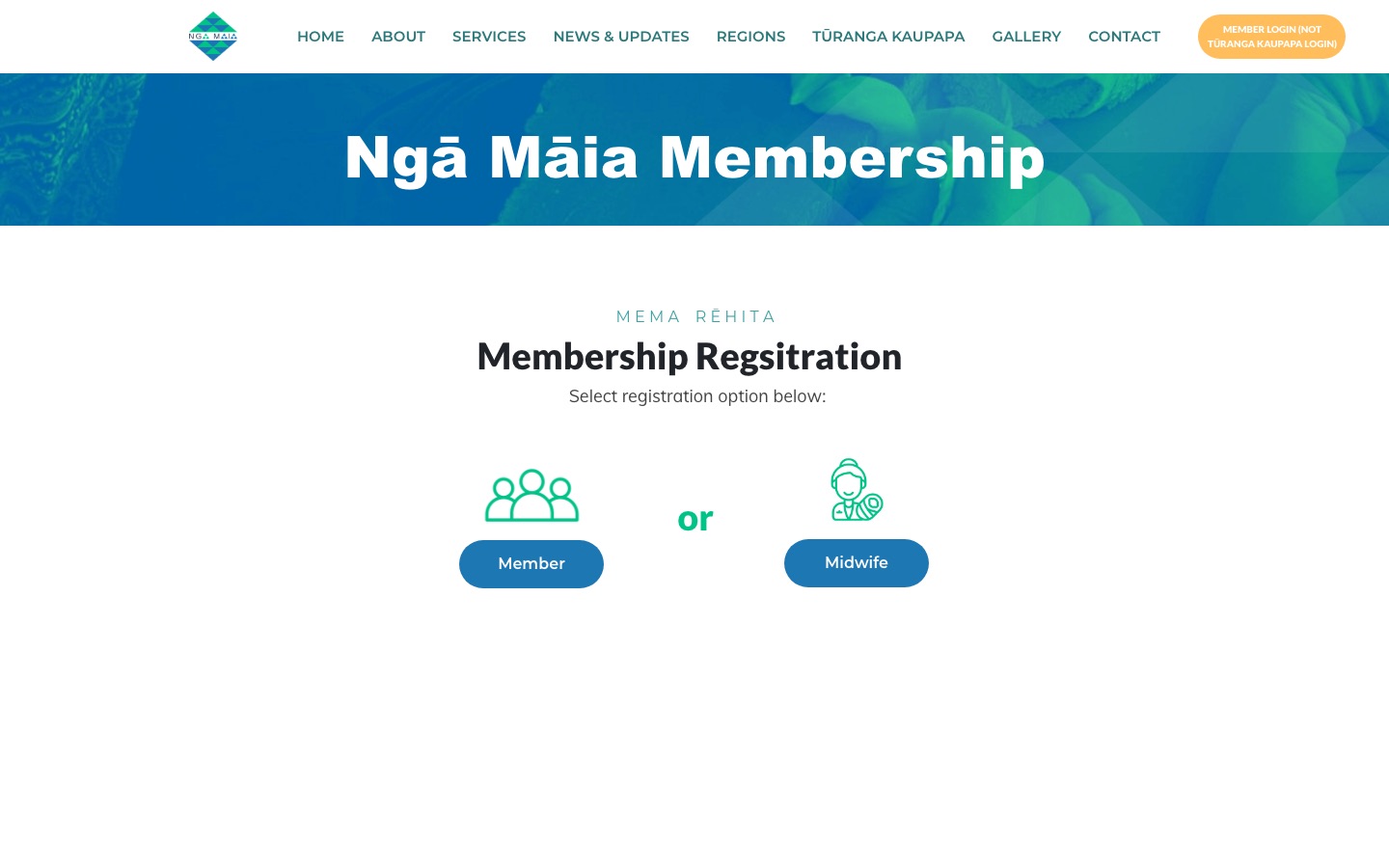 Ngā Māia membership registration page, offering Member or Midwife registration.