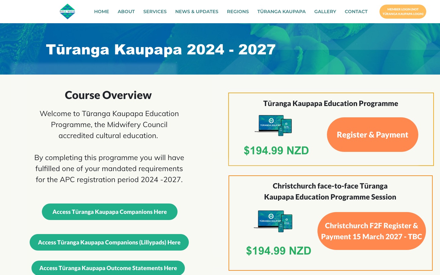 Tūranga Kaupapa course page, with a course overview and registration and payment options.